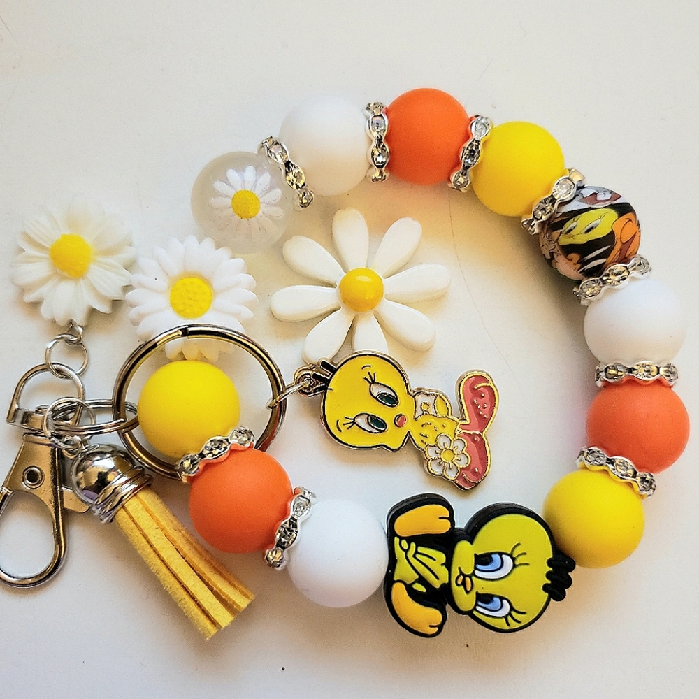 Handmade Daisy Tweety Bird Silicone Focal Bead Wristlet Keychain Bracelet